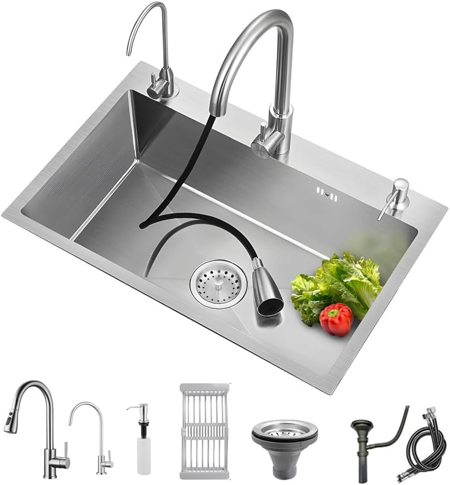 ARTLINE Black Kitchen Sink, Stainless Steel Single Bowl Sink, Drop In/Topmount Workstation Sink with Sliding Accessories, Farmhouse Workstation sink with Multiple Accessories (19.7 x 17.7in), RXZE031