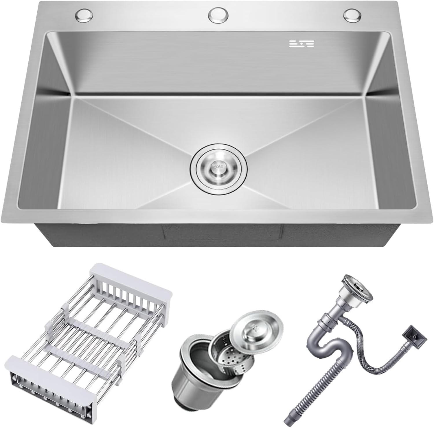 DuyviSteil 30" x 18" x 9" Topmount Kitchen Sink, 304 Stainless Steel Drop in Single Bowl Sink with Basket Strainer for RV, Travel Trailer, Garage(Nano)