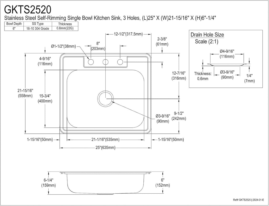 Kingston Brass Gourmetier GKTS2520 Self Rimming Single Bowl Kitchen Sink 3 Holes 25-Inch-Length by 22-Inch-Width by 6-Inch-Depth, 22 Gauge, Brushed Stainless Steel