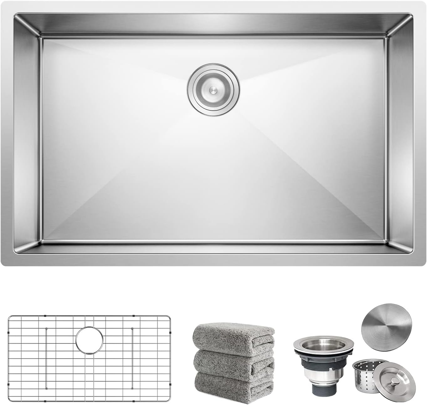 Kitchen Sink 30x18 Inch Undermount Sink Stainless Steel 16 Gauge Single Bowl Kitchen Sinks Set (5 Item Bundle: Sink, Bottom Grid, Drain Assembly, Drain Cap, Towel)