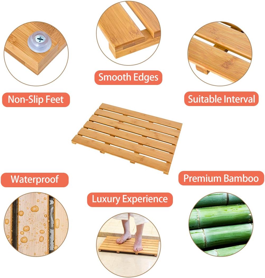Bath Mat for Luxury Shower - Non-Slip Bamboo Sturdy Water Proof Bathroom Carpet for Indoor or Outdoor Use
