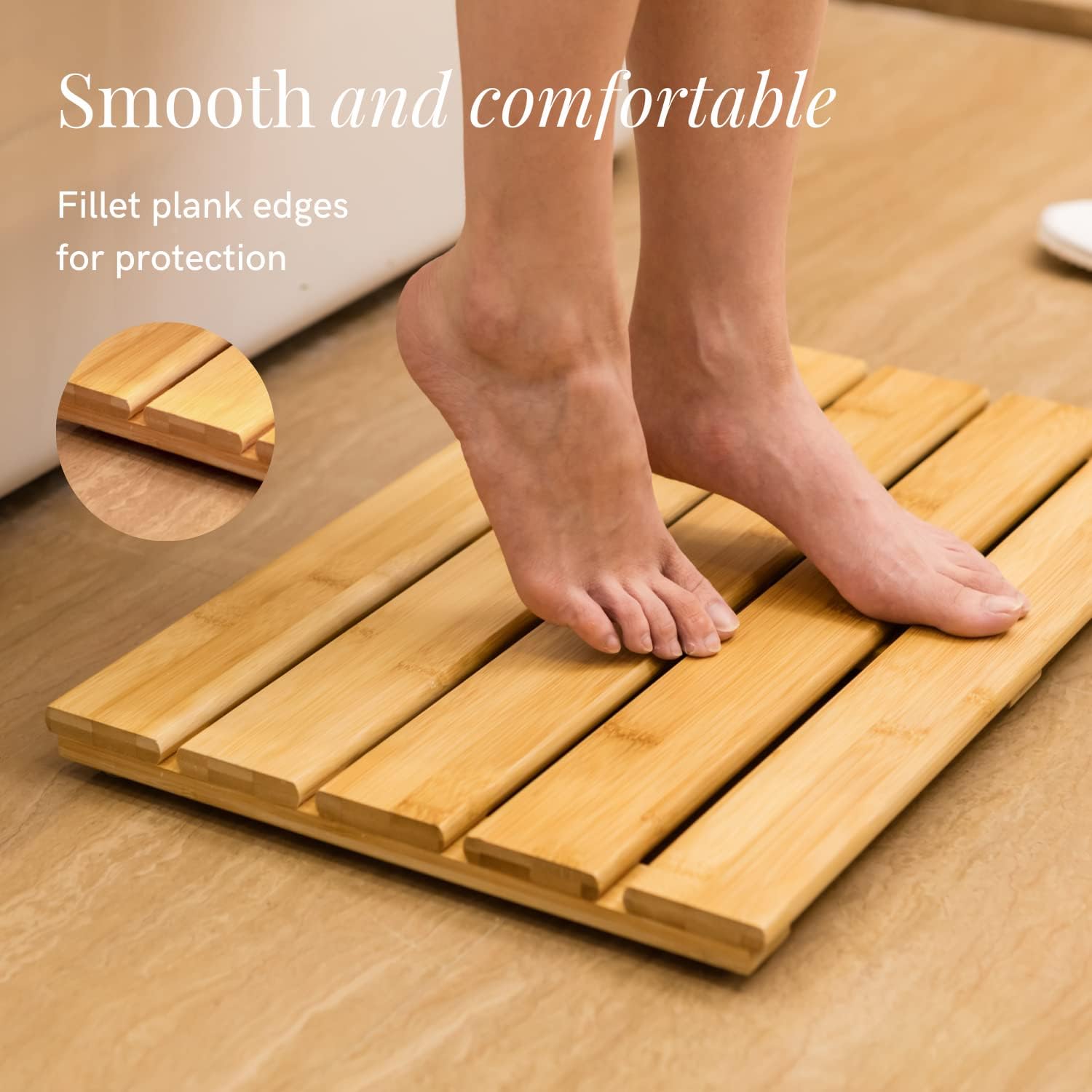 GOBAM Natural Bamboo Bath Mat - Non-Slip Shower & Bathtub Mat, Easy Clean Indoor & Outdoor Floor Mat for Spa, Sauna, Pool - Small 19.7 x 13 inches