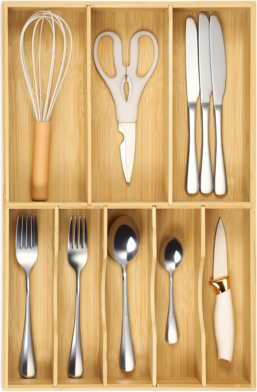 Fabsome Silverware Organizer for Cabinet Drawer, Expandable from 16.7'' to 30'' Wide Bamboo Wood Flatware Tray for Large Kitchen Drawers, Cutlery Utensil Holder