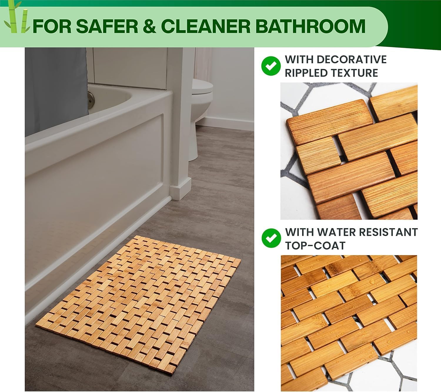 Bamboo Bath Mat for Bathroom - Large, 34 x 18 x 0.4 Inches [LxWxH] Foldable Wood Bathmat, Accessories and Decor for Bathroom Sauna Spa Tub and Door Area - Underlay for Rugs