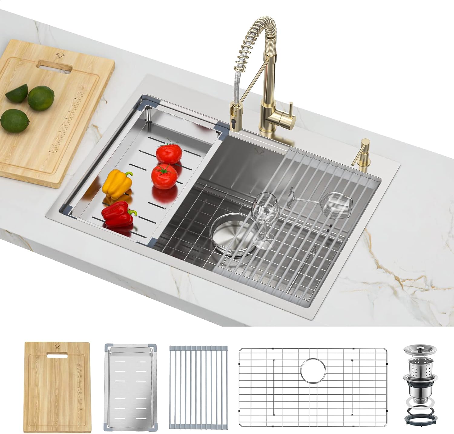 Kitchen Sink 30x18 Inch Undermount Sink Stainless Steel 16 Gauge Single Bowl Kitchen Sinks Set (5 Item Bundle: Sink, Bottom Grid, Drain Assembly, Drain Cap, Towel)