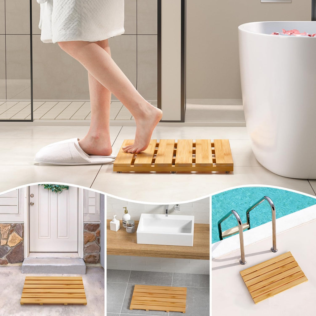 Domax Bamboo Bath Mat - Non Slip Waterproof Wooden Shower Floor Mat for Bathroom, Sauna, Spa, Outdoor Use (Natural, 21.26 x 14.17 x 1.3 Inch)