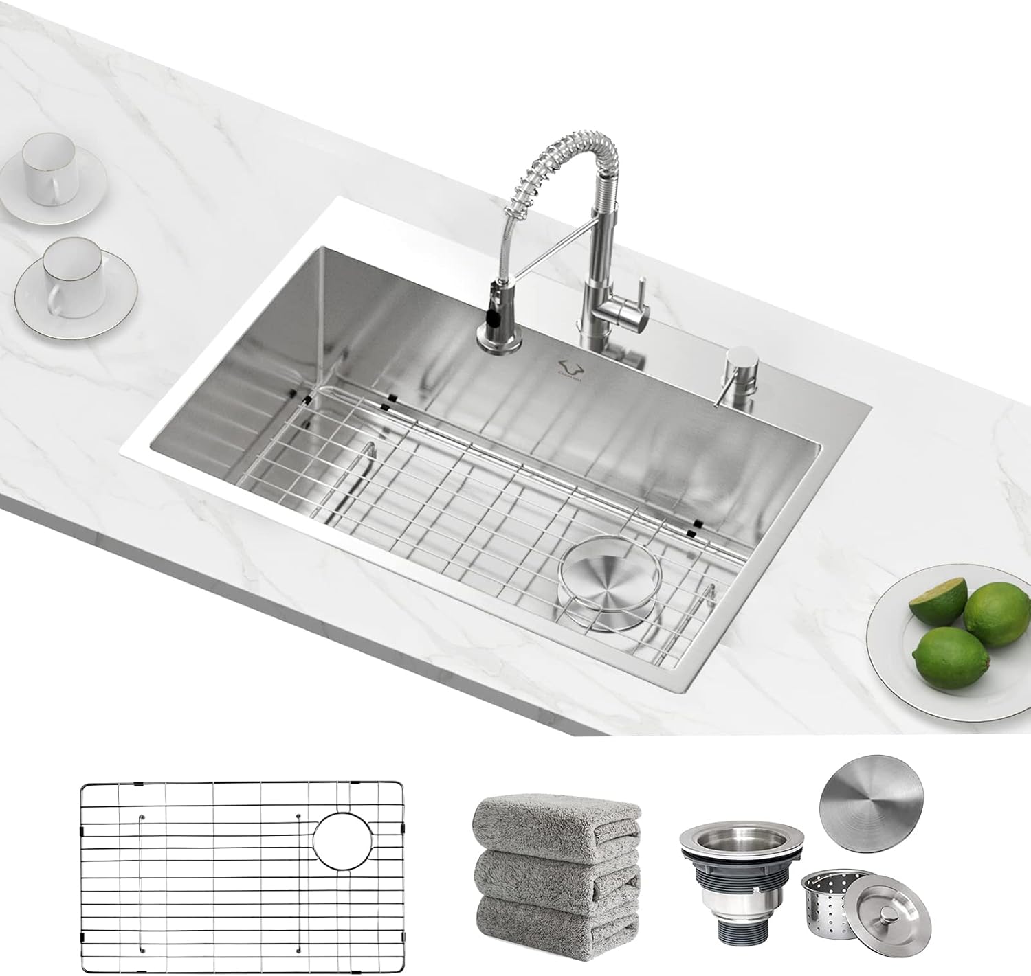 Kitchen Sink 30x18 Inch Undermount Sink Stainless Steel 16 Gauge Single Bowl Kitchen Sinks Set (5 Item Bundle: Sink, Bottom Grid, Drain Assembly, Drain Cap, Towel)