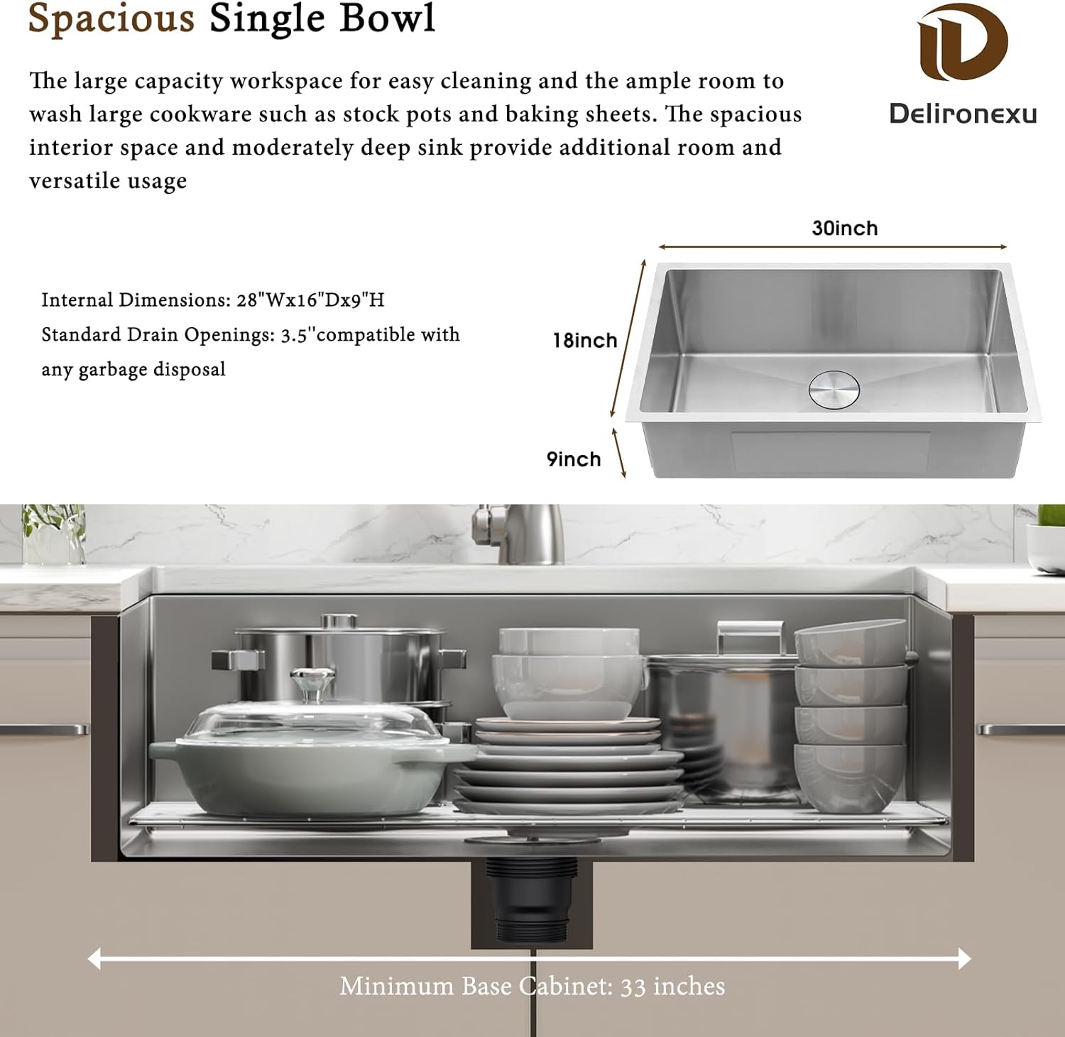30 Inch Undermount Kitchen Sink - Delironexu 18 Gauge Stainless Steel Single Bowl Kitchen Sinks 30"x18"x9" Handmade Design with Brushed, Includes Drain Kit (No Additional Accessories)