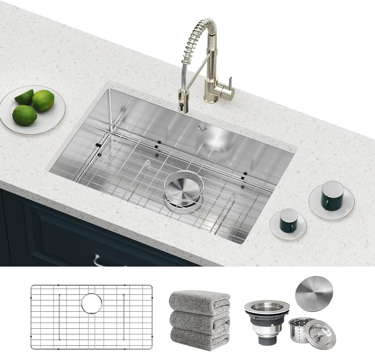 Kitchen Sink 30x18 Inch Undermount Sink Stainless Steel 16 Gauge Single Bowl Kitchen Sinks Set (5 Item Bundle: Sink, Bottom Grid, Drain Assembly, Drain Cap, Towel)