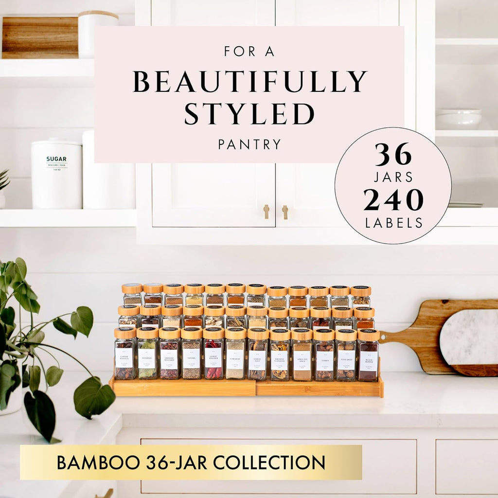 FINESSY Glass Spice Jars with Label with Bamboo Lids 36 Pack Set, 4oz Empty Clear Glass Spice Bottles with Shaker Lids, Airtight Kitchen Seasoning Organizer Jars, Herb Seasoning Containers with Labels