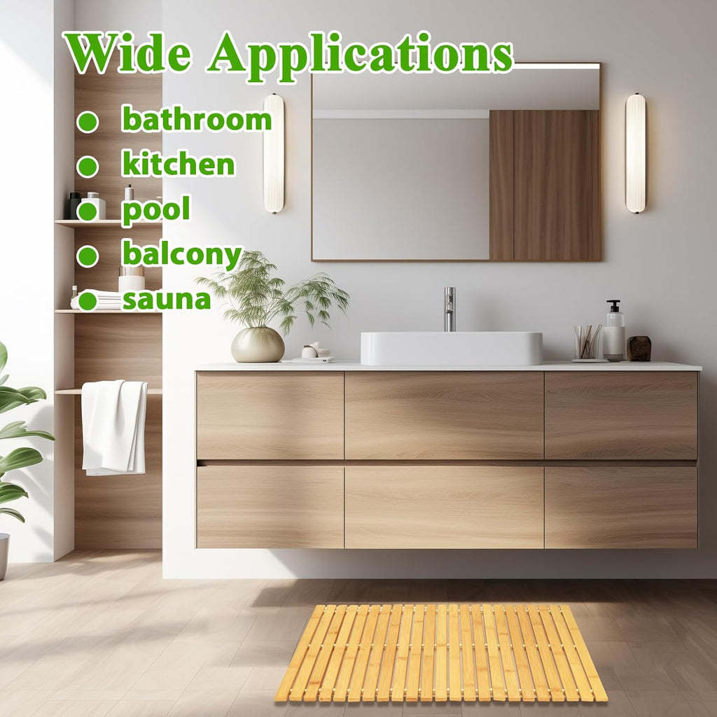 QTLCOHD 2 Pcs Bamboo Bath Mat, 24 x 16 Inches Natural Bamboo Bathroom Shower Mat, Non-Slip Foldable Wood Bath Mat Waterproof for Bathroom, Floor, Bathtub, Sauna, Hot Tub