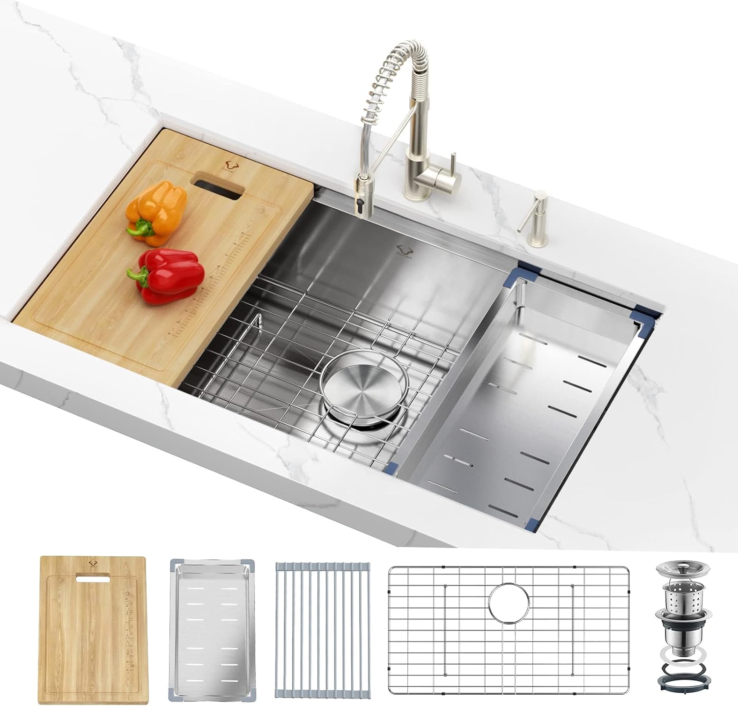 Kitchen Sink 30x18 Inch Undermount Sink Stainless Steel 16 Gauge Single Bowl Kitchen Sinks Set (5 Item Bundle: Sink, Bottom Grid, Drain Assembly, Drain Cap, Towel)