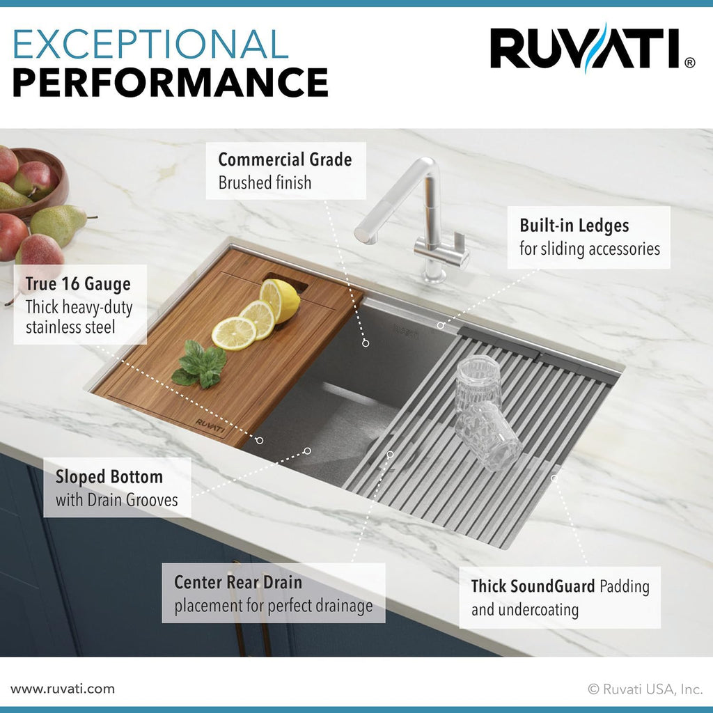 Ruvati 28-inch Undermount 16 Gauge Stainless Steel Workstation Kitchen Sink Single Bowl – Soundproof Multifunction Chef Sink with Cutting Board & Accessories, Brushed Finish Hides Scratches – RVH8309