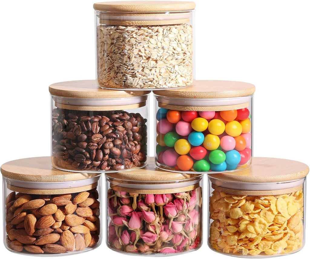ComSaf 0.8 Qt Glass Food Storage Jars Set of 6, Clear Glass Storage Containers with Lids, Pantry Organization Jar, Spice Jar, Blooming Tea, Coffee and Sugar Container, Small Canister Set for Kitchen