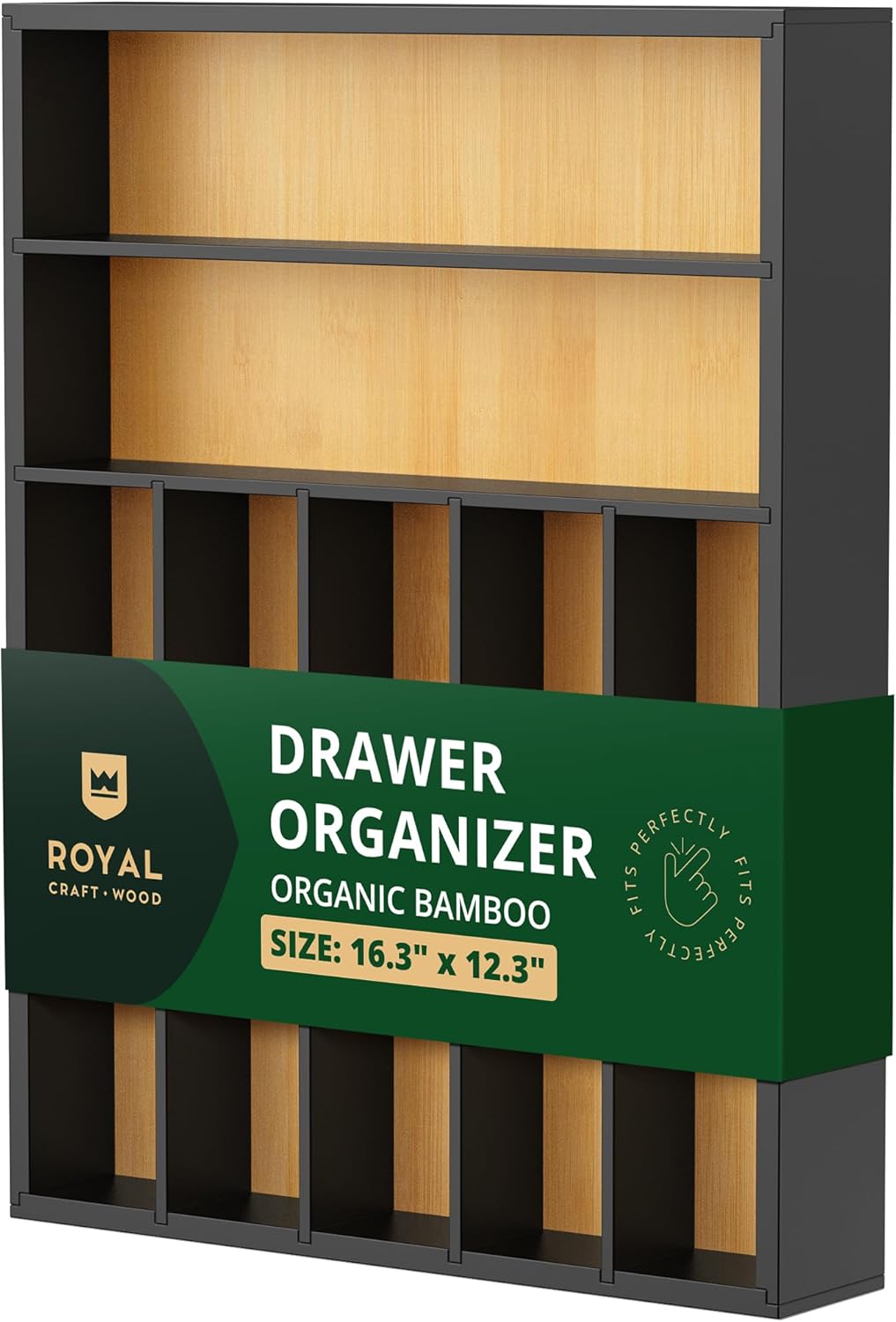 ROYAL CRAFT WOOD Luxury Bamboo Kitchen Drawer Organizer - Silverware Organizer - Utensil Holder and Cutlery Tray with Grooved Drawer Dividers for Flatware and Kitchen Utensils (9 Slot, Black)