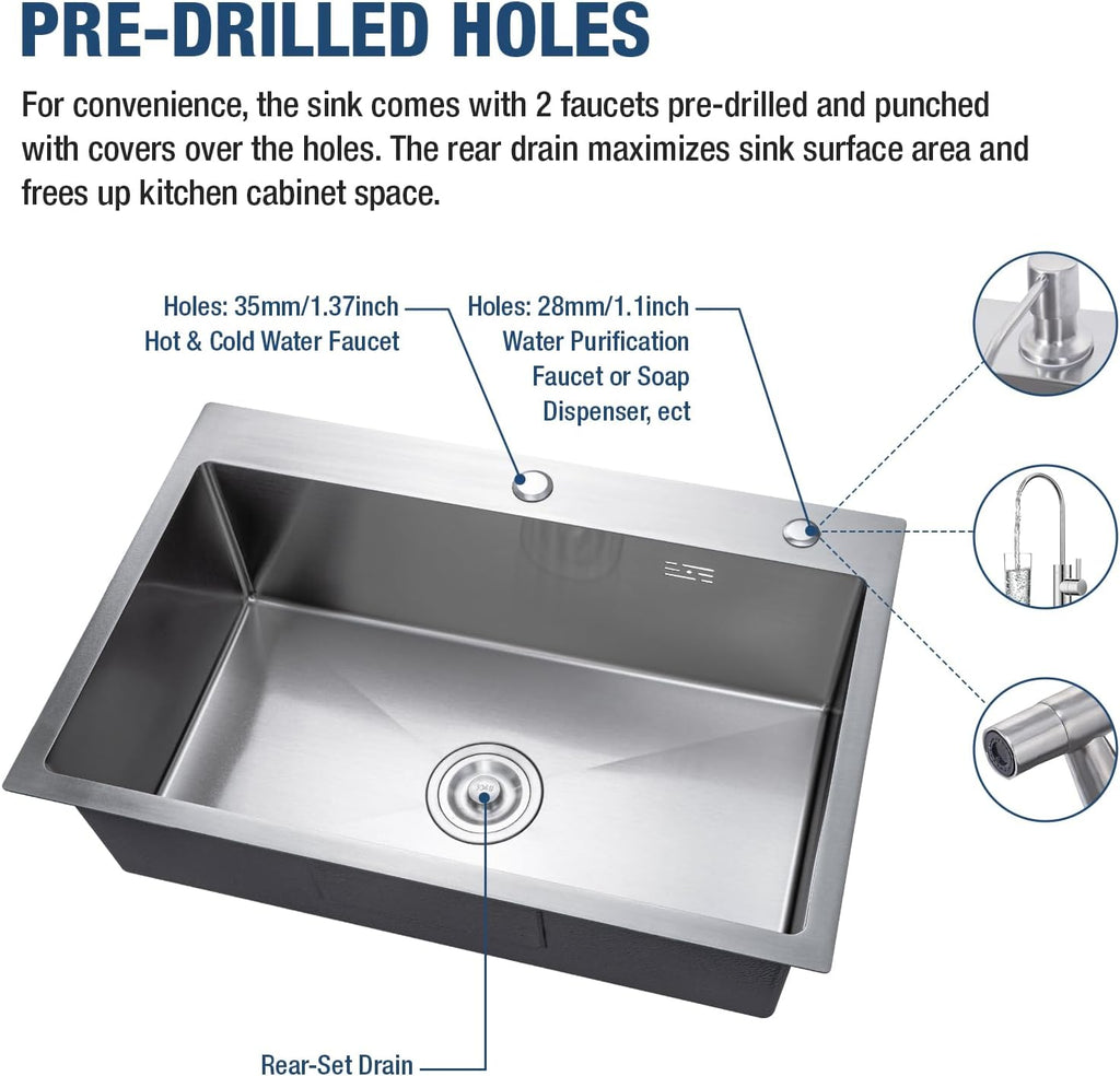 DuyviSteil 30" x 18" x 9" Topmount Kitchen Sink, 304 Stainless Steel Drop in Single Bowl Sink with Basket Strainer for RV, Travel Trailer, Garage(Nano)