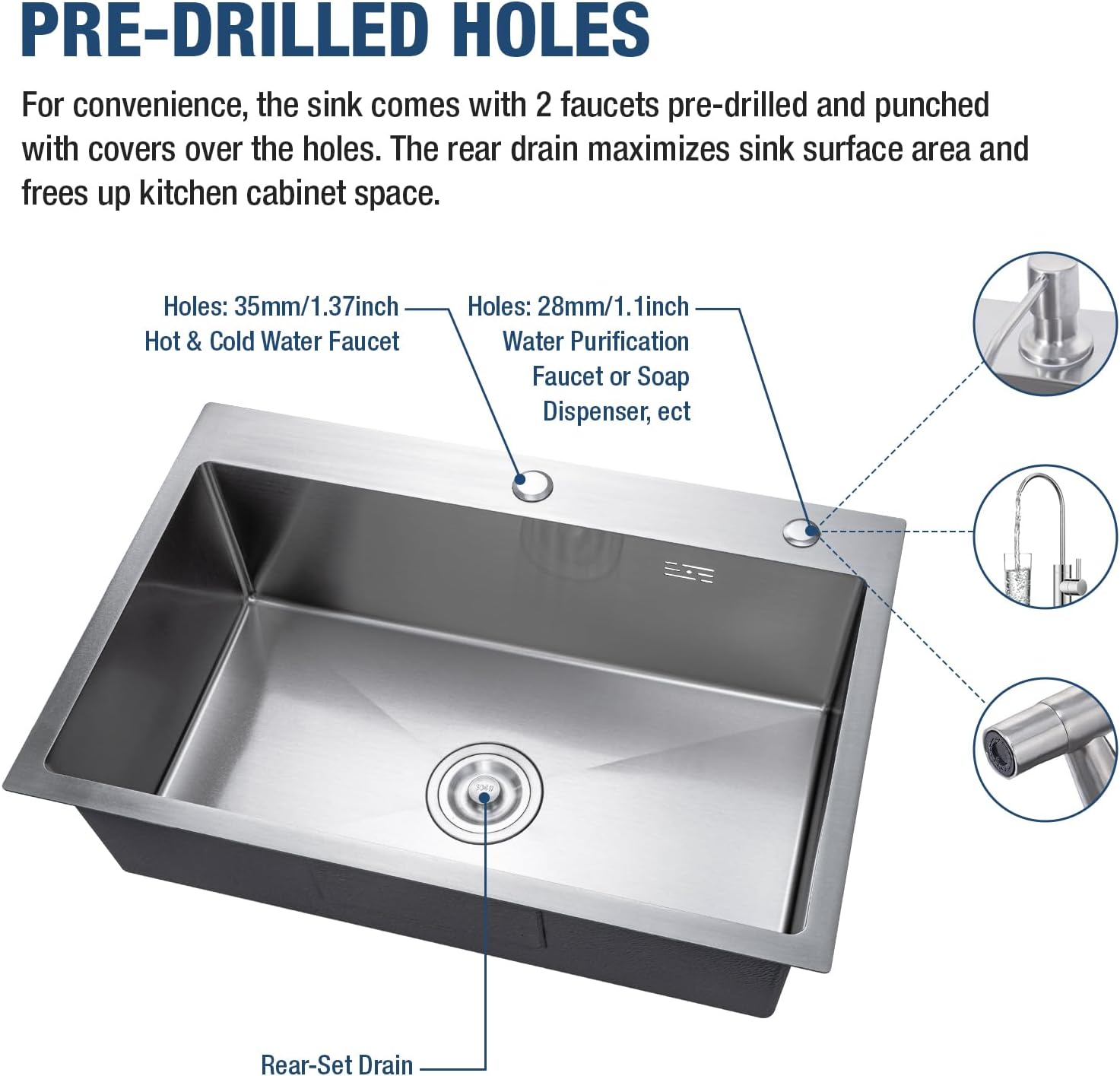 DuyviSteil 30" x 18" x 9" Topmount Kitchen Sink, 304 Stainless Steel Drop in Single Bowl Sink with Basket Strainer for RV, Travel Trailer, Garage(Nano)
