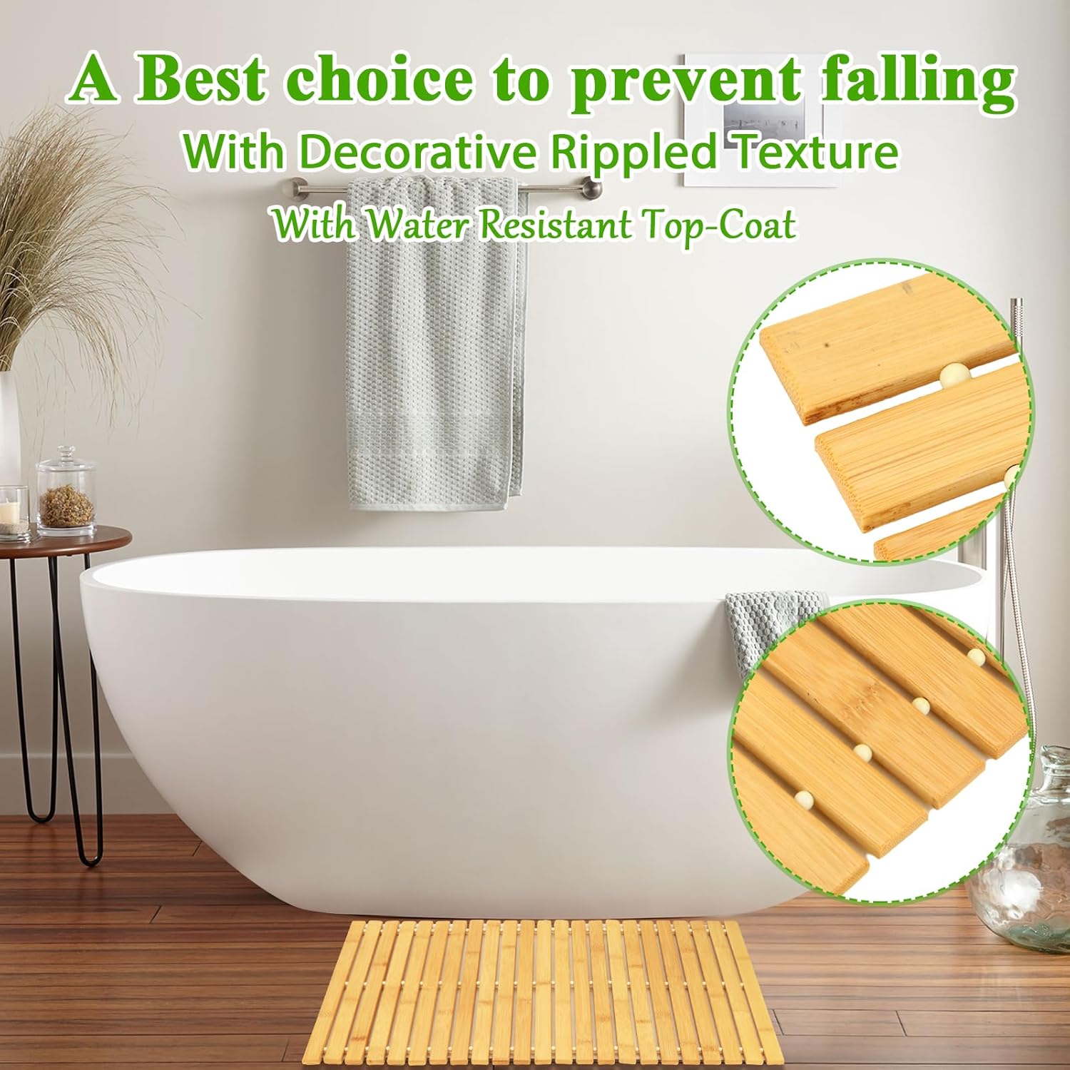 QTLCOHD 2 Pcs Bamboo Bath Mat, 24 x 16 Inches Natural Bamboo Bathroom Shower Mat, Non-Slip Foldable Wood Bath Mat Waterproof for Bathroom, Floor, Bathtub, Sauna, Hot Tub