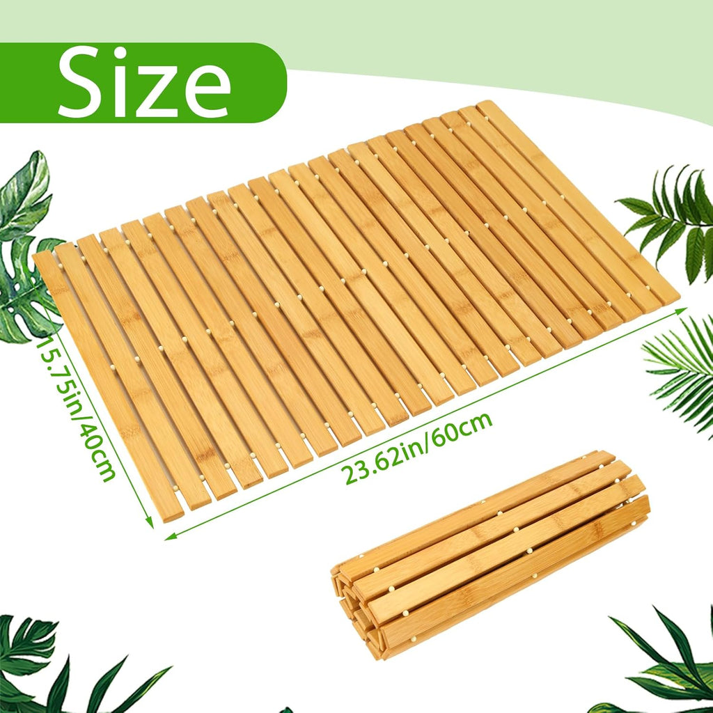 QTLCOHD 2 Pcs Bamboo Bath Mat, 24 x 16 Inches Natural Bamboo Bathroom Shower Mat, Non-Slip Foldable Wood Bath Mat Waterproof for Bathroom, Floor, Bathtub, Sauna, Hot Tub