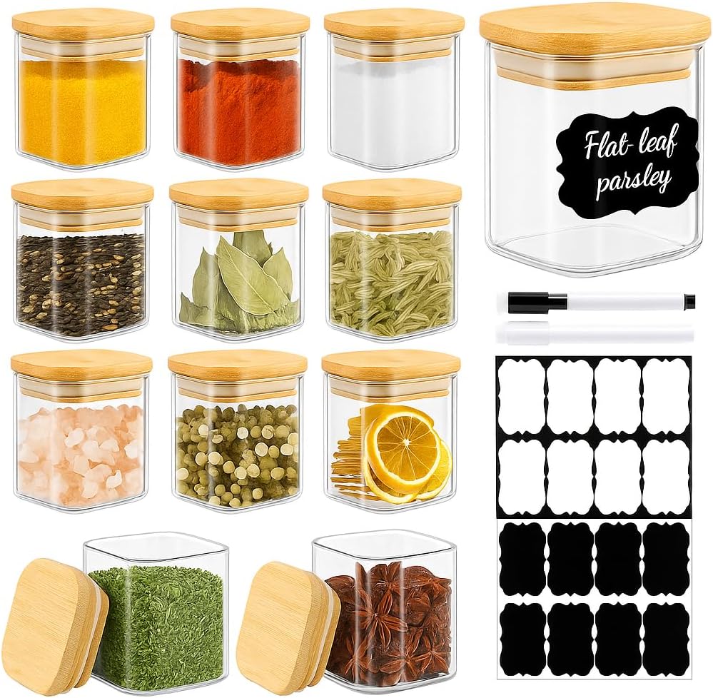 TBWIND 12 Pack 8 oz Square Glass Spice Jars with Lids and Labels – Airtight Small Spice Containers Set, Clear Glass Storage Jars for Seasoning, Spices, Kitchen Pantry Organization