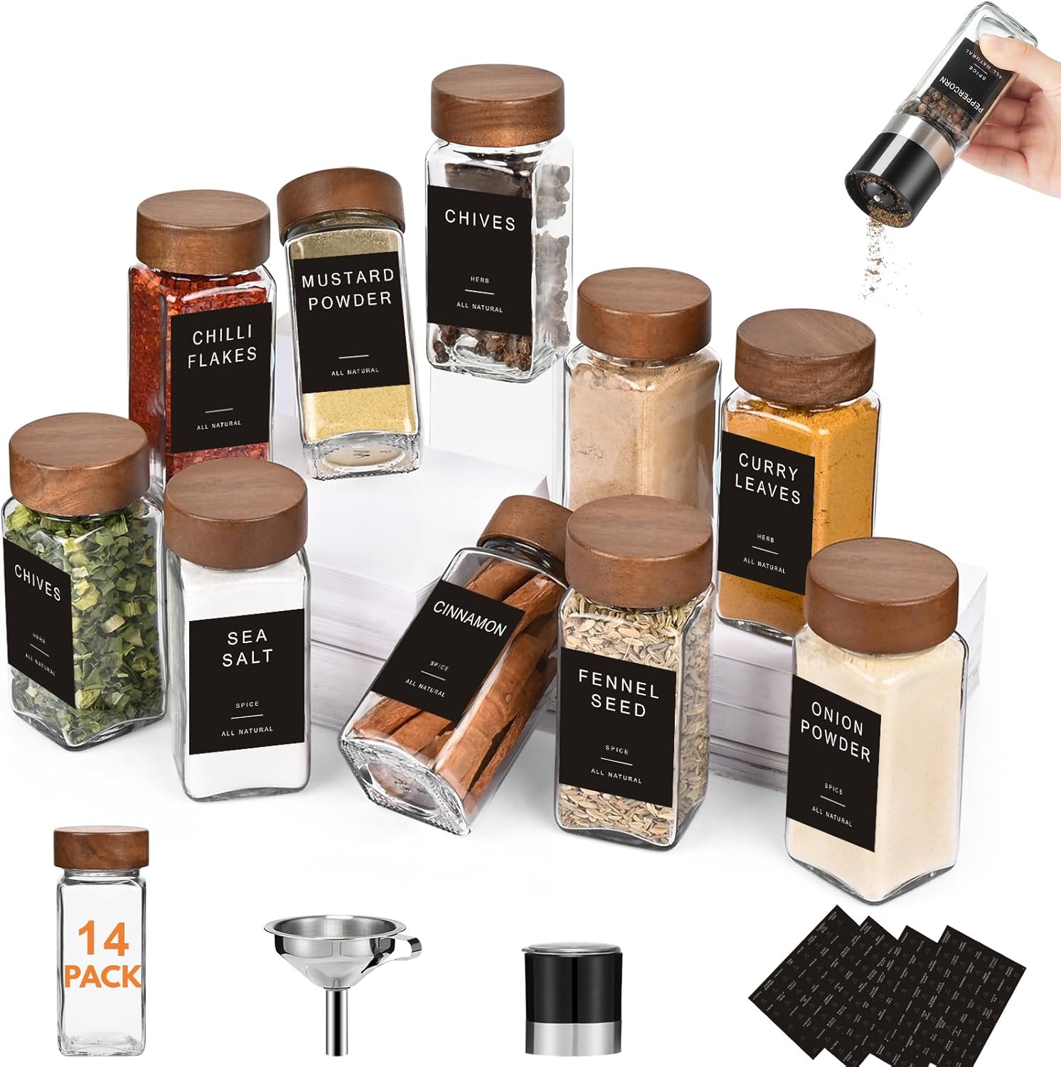 Yangbaga 24Pcs Glass Spice Jars with Labels-4OZ Wood Lid Square Spice Containers with Pepper Grinder Lids &Funnel,Seasoning Jars for Rack Cabinet Drawer