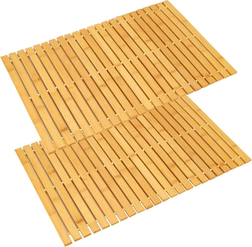 QTLCOHD 2 Pcs Bamboo Bath Mat, 24 x 16 Inches Natural Bamboo Bathroom Shower Mat, Non-Slip Foldable Wood Bath Mat Waterproof for Bathroom, Floor, Bathtub, Sauna, Hot Tub