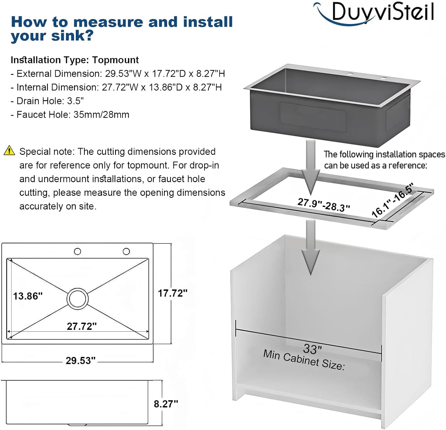 DuyviSteil 30" x 18" x 9" Topmount Kitchen Sink, 304 Stainless Steel Drop in Single Bowl Sink with Basket Strainer for RV, Travel Trailer, Garage(Nano)
