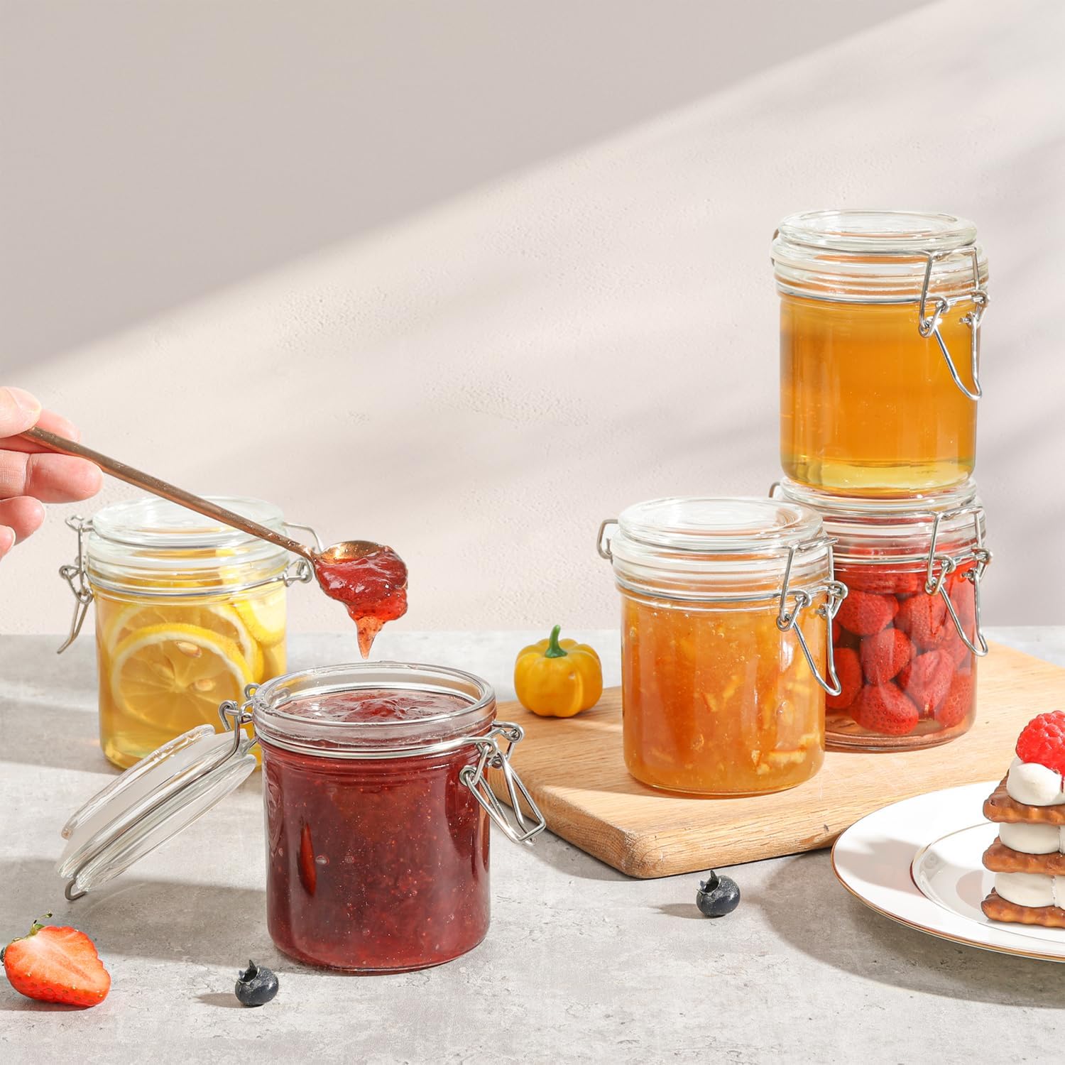 ComSaf 8oz Small Airtight Glass Jars Set of 6 with Lid Food Storage Jar Round, Mini Storage Container with Clear Preserving Seal Wire Clip Fastening for Kitchen Canning, Jam, Spice, Honey, Mason Jars