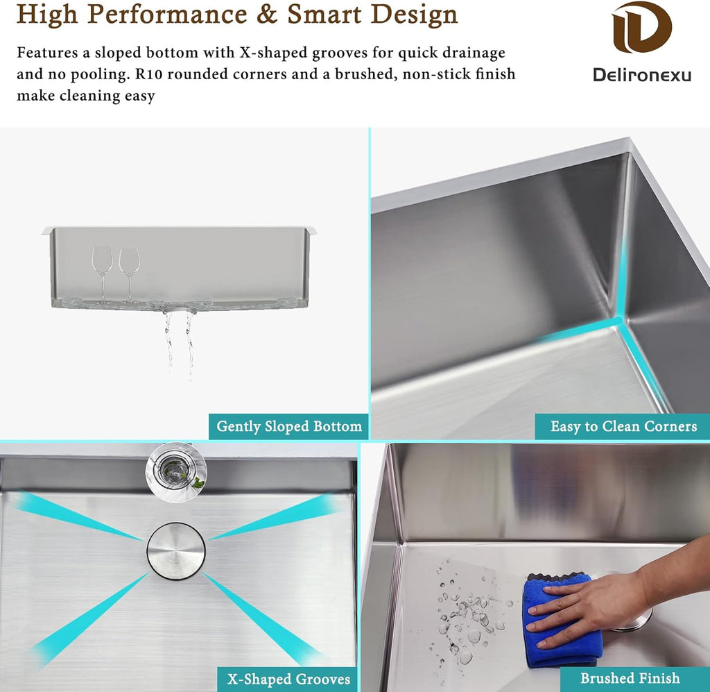 30 Inch Undermount Kitchen Sink - Delironexu 18 Gauge Stainless Steel Single Bowl Kitchen Sinks 30"x18"x9" Handmade Design with Brushed, Includes Drain Kit (No Additional Accessories)