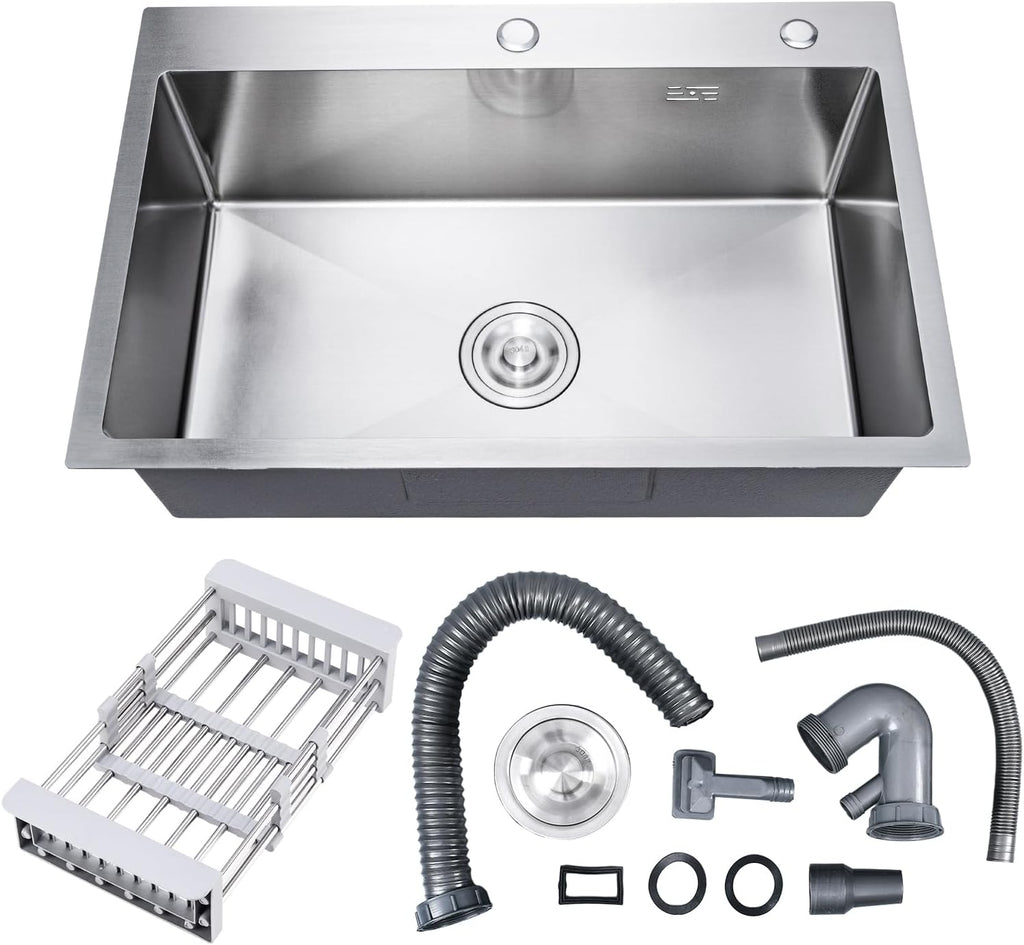 DuyviSteil 30" x 18" x 9" Topmount Kitchen Sink, 304 Stainless Steel Drop in Single Bowl Sink with Basket Strainer for RV, Travel Trailer, Garage(Nano)