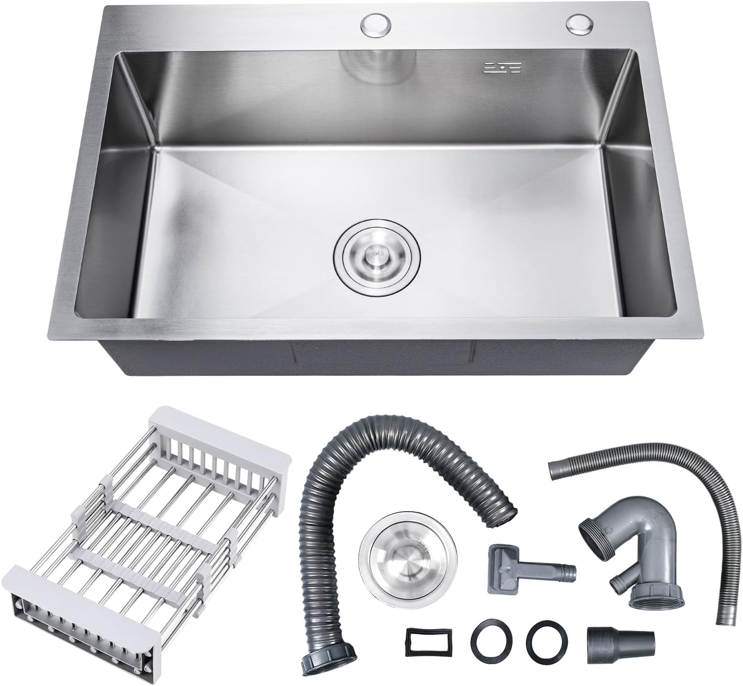 DuyviSteil 30" x 18" x 9" Topmount Kitchen Sink, 304 Stainless Steel Drop in Single Bowl Sink with Basket Strainer for RV, Travel Trailer, Garage(Nano)