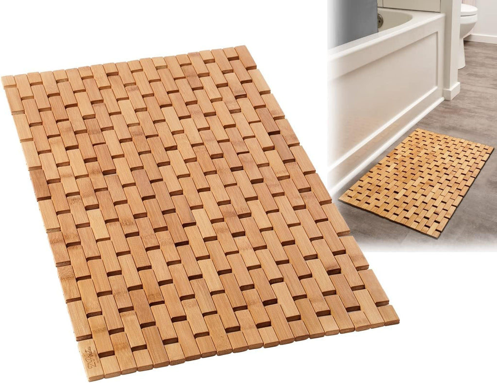 Bamboo Bath Mat for Bathroom - Large, 34 x 18 x 0.4 Inches [LxWxH] Foldable Wood Bathmat, Accessories and Decor for Bathroom Sauna Spa Tub and Door Area - Underlay for Rugs