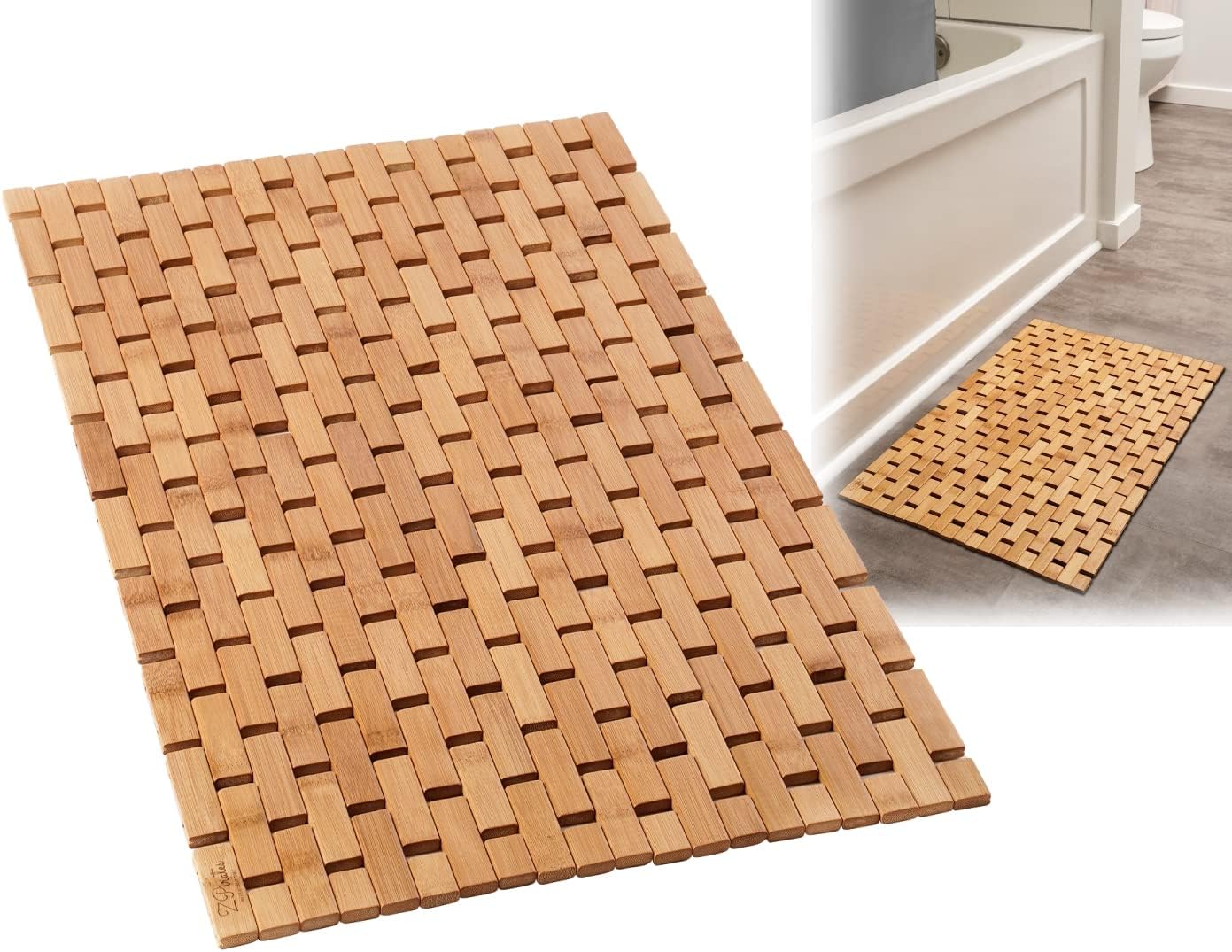 Bamboo Bath Mat for Bathroom - Large, 34 x 18 x 0.4 Inches [LxWxH] Foldable Wood Bathmat, Accessories and Decor for Bathroom Sauna Spa Tub and Door Area - Underlay for Rugs