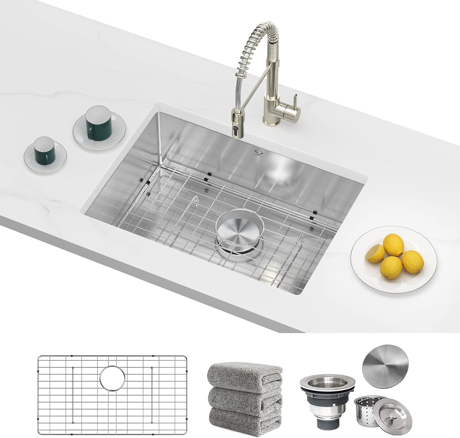 Kitchen Sink 30x18 Inch Undermount Sink Stainless Steel 16 Gauge Single Bowl Kitchen Sinks Set (5 Item Bundle: Sink, Bottom Grid, Drain Assembly, Drain Cap, Towel)