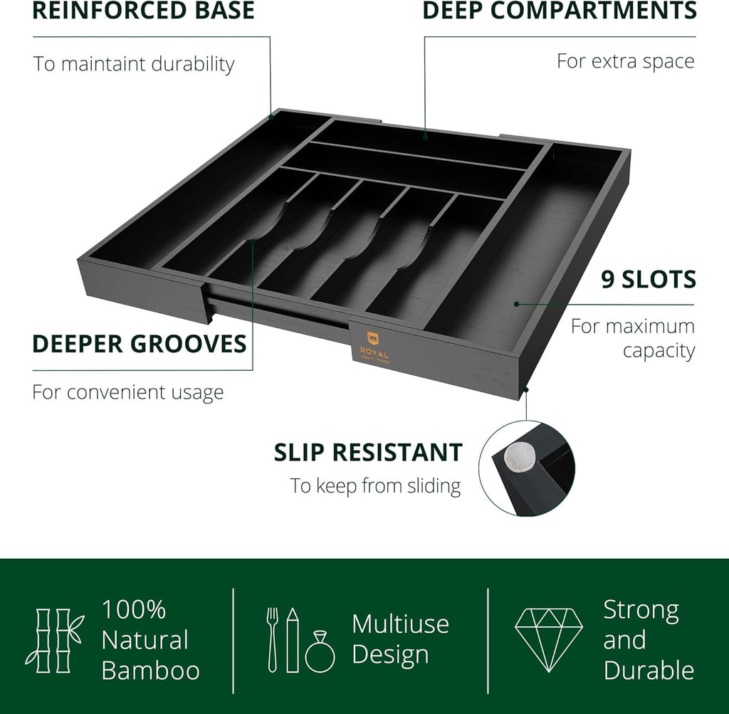 ROYAL CRAFT WOOD Luxury Bamboo Kitchen Drawer Organizer - Silverware Organizer - Utensil Holder and Cutlery Tray with Grooved Drawer Dividers for Flatware and Kitchen Utensils (9 Slot, Black)