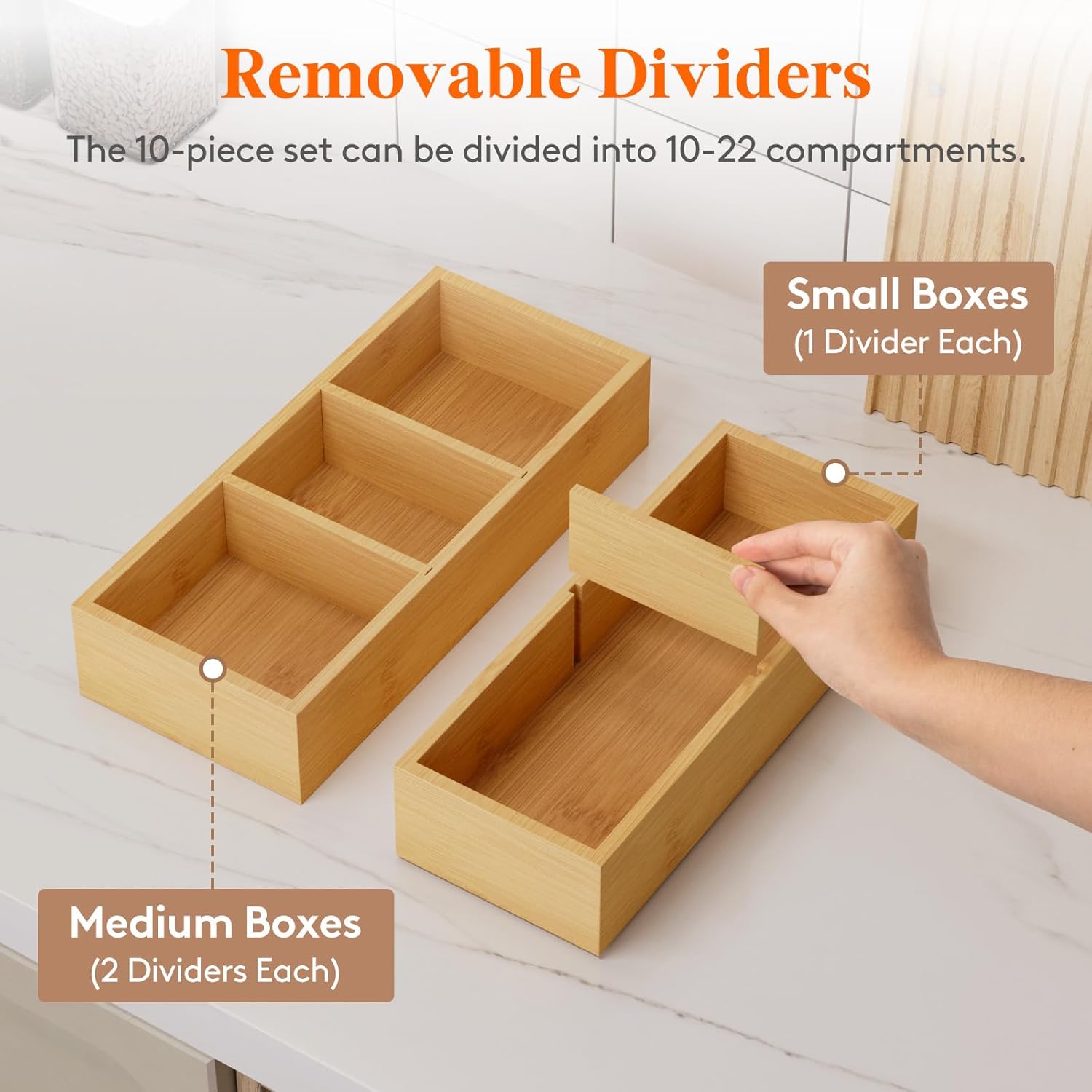 Lifewit Drawer Organizers 10 Pack(22 Grid) with 12 Inserts, Adjustable Bamboo Wooden Drawer Dividers, Stackable Storage Box for Utensils, Silverware, Makeup, Junk in Kitchen/Bathroom/Office/Vanity
