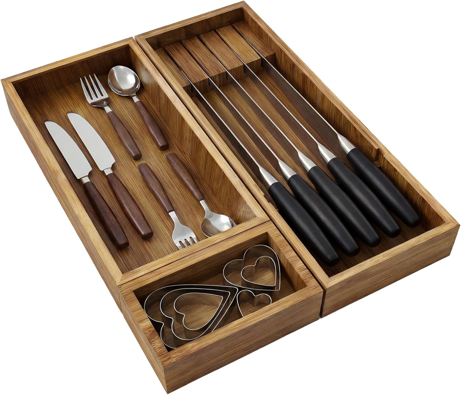 KOCWELL Bamboo Silverware Drawer Organizer with Knife Block, 3 Removable Drawer Organizer Bins - Multi-Use for Kitchen Utensils, Office, Makeup, Tools Storage