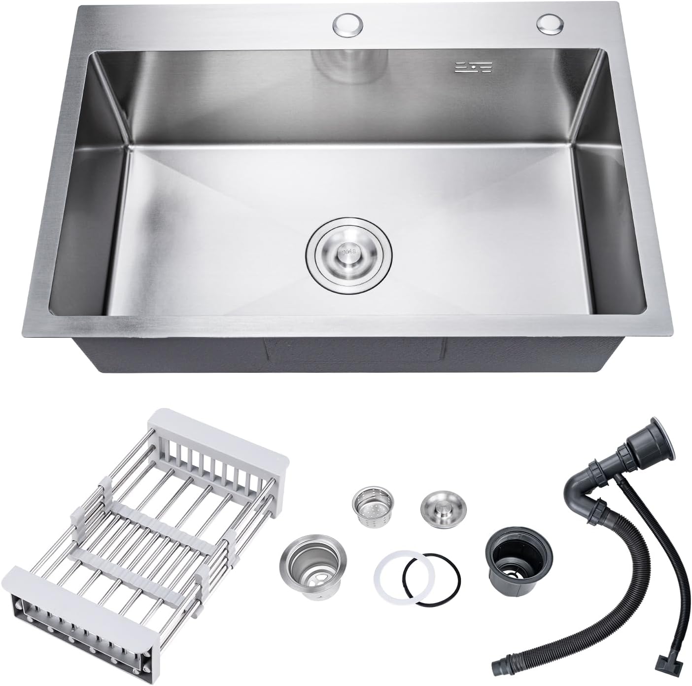 DuyviSteil 30" x 18" x 9" Topmount Kitchen Sink, 304 Stainless Steel Drop in Single Bowl Sink with Basket Strainer for RV, Travel Trailer, Garage(Nano)