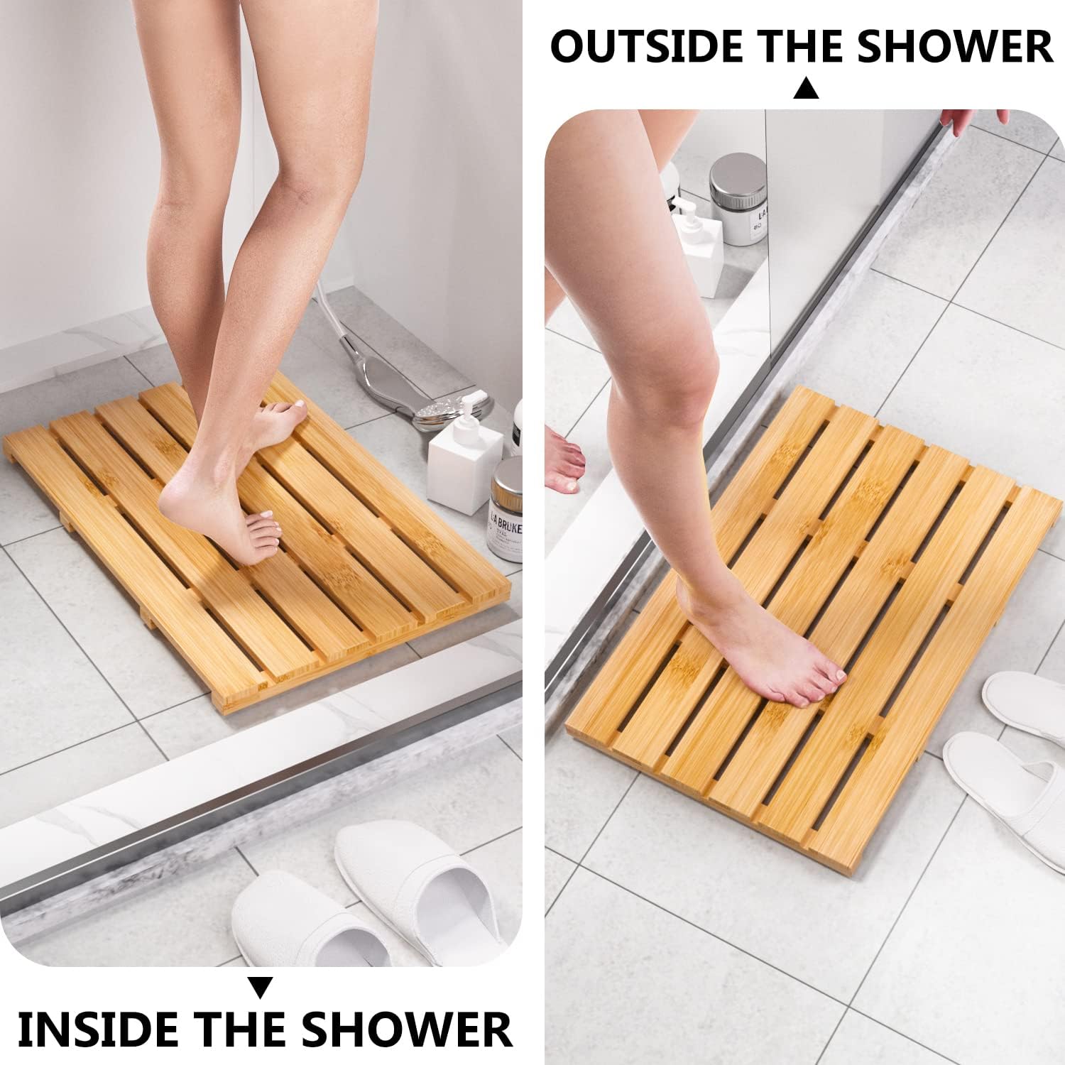 Domax Bamboo Bath Mat - Non Slip Waterproof Wooden Shower Floor Mat for Bathroom, Sauna, Spa, Outdoor Use (Natural, 21.26 x 14.17 x 1.3 Inch)