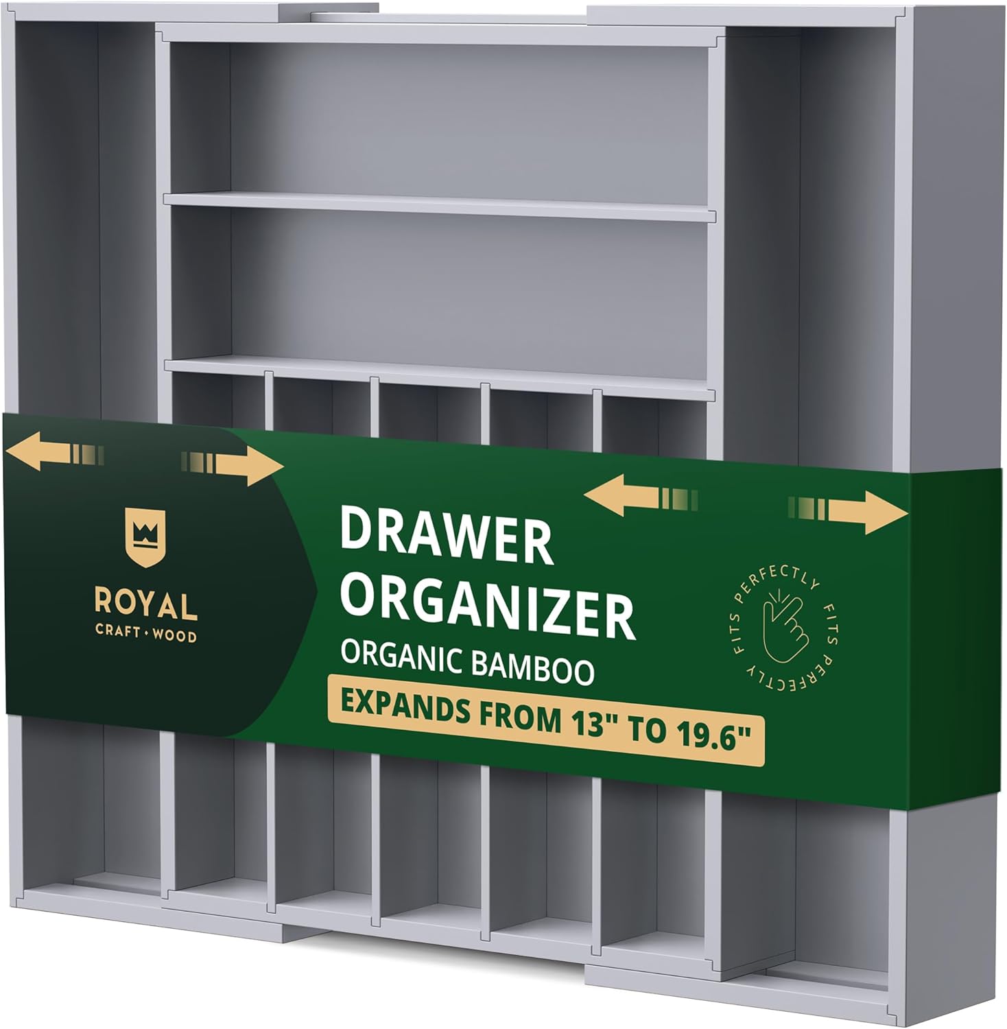 ROYAL CRAFT WOOD Luxury Bamboo Kitchen Drawer Organizer - Silverware Organizer - Utensil Holder and Cutlery Tray with Grooved Drawer Dividers for Flatware and Kitchen Utensils (9 Slot, Black)