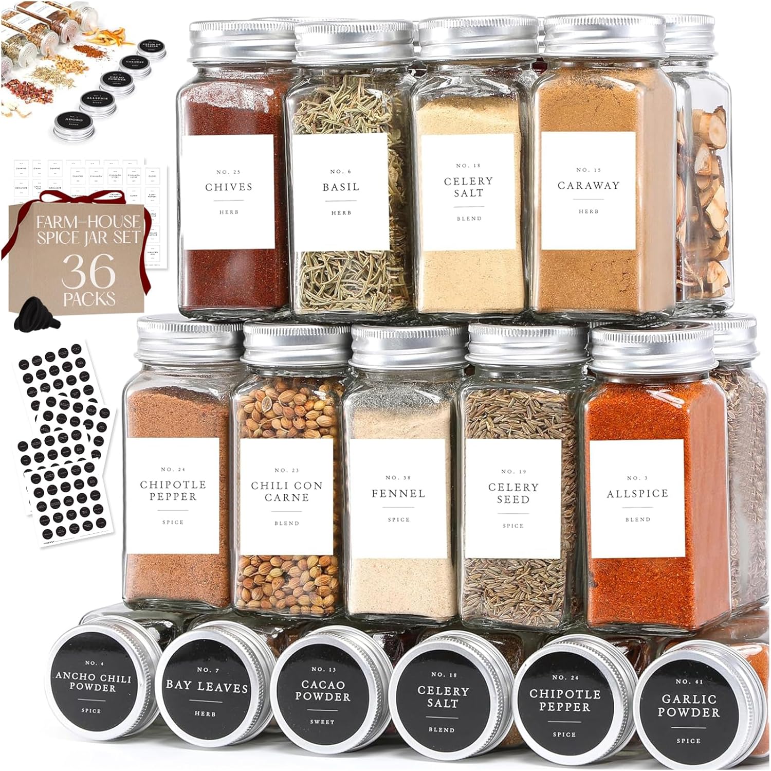 FINESSY Glass Spice Jars with Labels with Metal Lids and Shakers 24 Pack Set, 4oz Small Empty Air Tight Spice Containers with Labels, Clear Seasoning Containers Herb Bottles Kitchen Storage Organizer