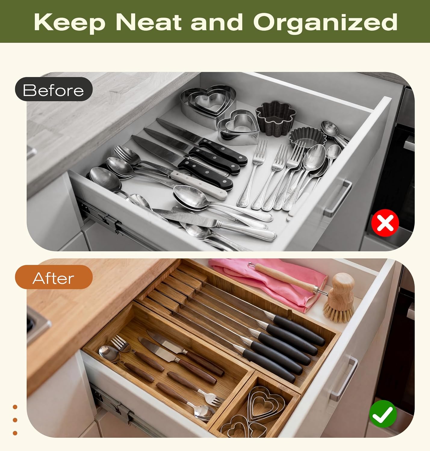 KOCWELL Bamboo Silverware Drawer Organizer with Knife Block, 3 Removable Drawer Organizer Bins - Multi-Use for Kitchen Utensils, Office, Makeup, Tools Storage