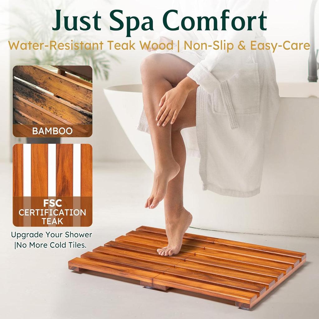 Teak Shower Mat - Premium Non-Slip Bath Mat for Bathtub & Shower, Natural Wooden Bathroom Floor Mat, Spa-Style Fast-Drying Bathtub Tray, Solid Teak Wood (21"x14")