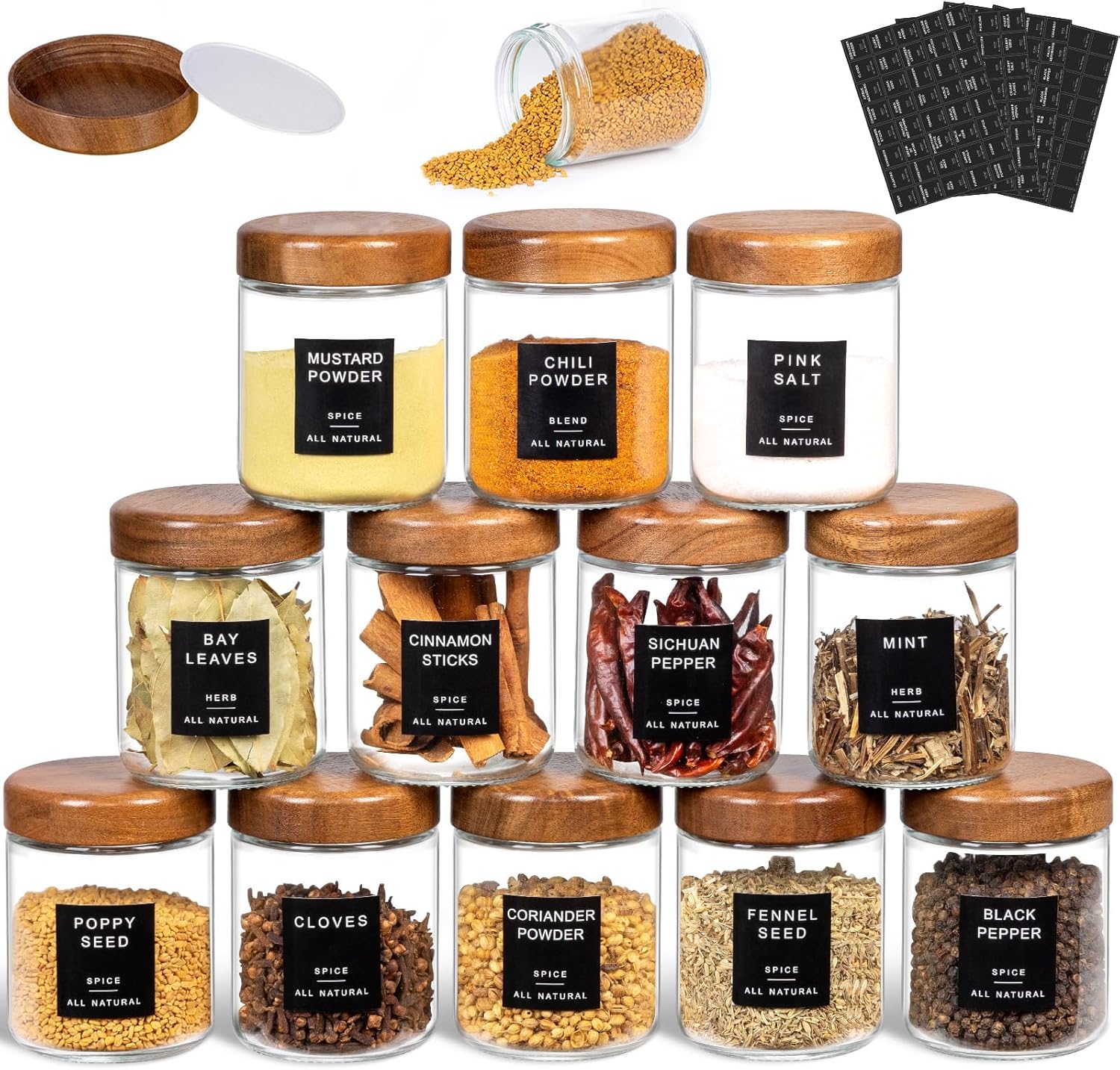 Yangbaga 24Pcs Glass Spice Jars with Labels-4OZ Wood Lid Square Spice Containers with Pepper Grinder Lids &Funnel,Seasoning Jars for Rack Cabinet Drawer