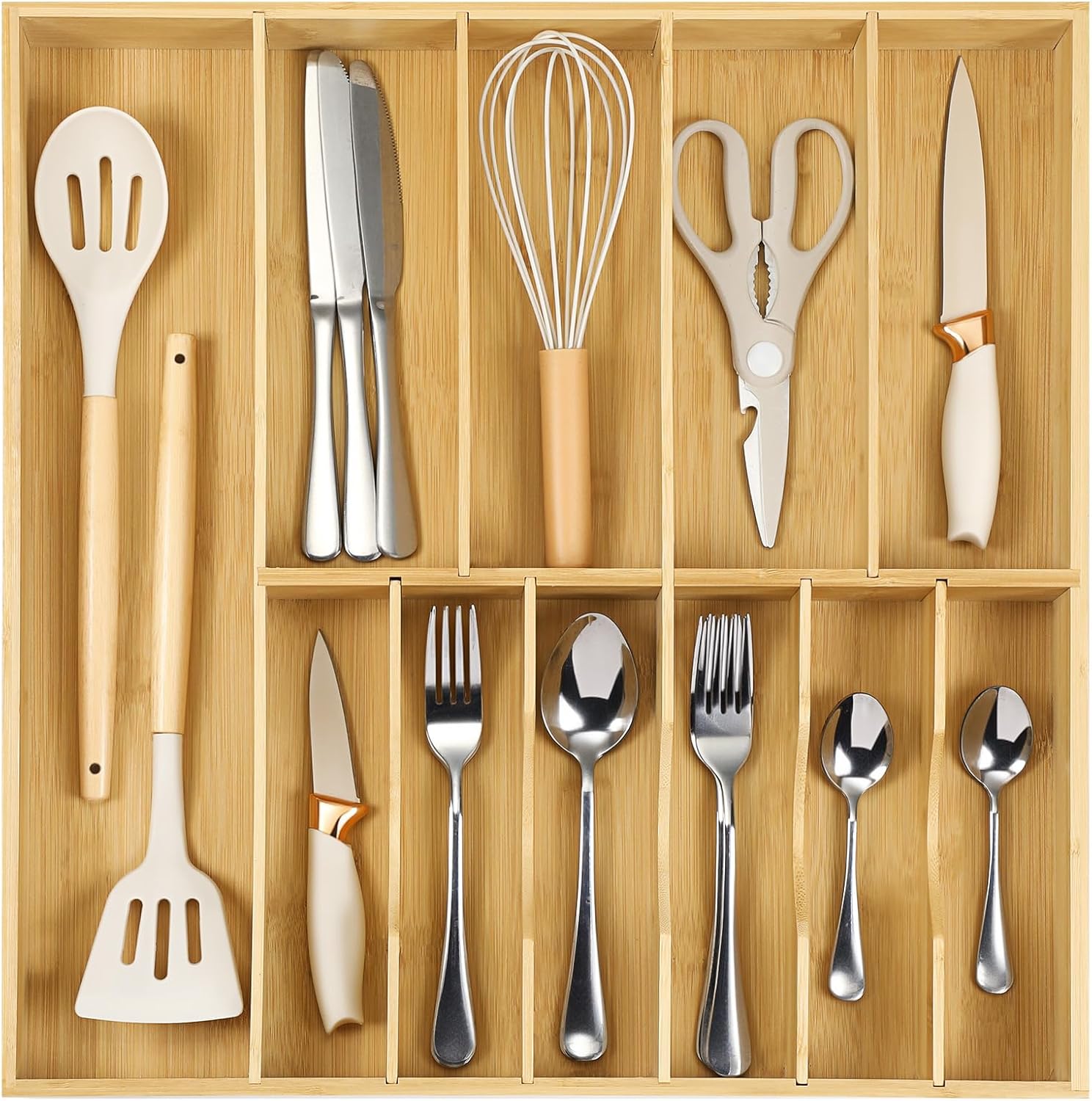Fabsome Silverware Organizer for Cabinet Drawer, Expandable from 16.7'' to 30'' Wide Bamboo Wood Flatware Tray for Large Kitchen Drawers, Cutlery Utensil Holder