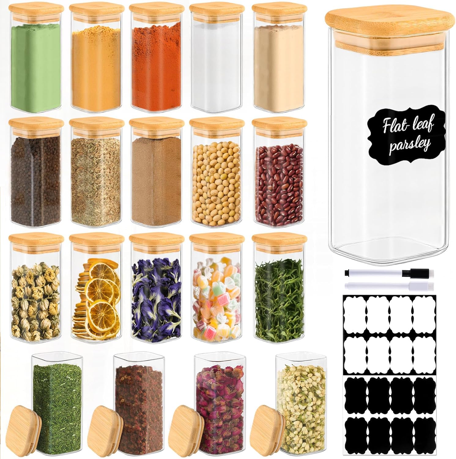 TBWIND 12 Pack 8 oz Square Glass Spice Jars with Lids and Labels – Airtight Small Spice Containers Set, Clear Glass Storage Jars for Seasoning, Spices, Kitchen Pantry Organization