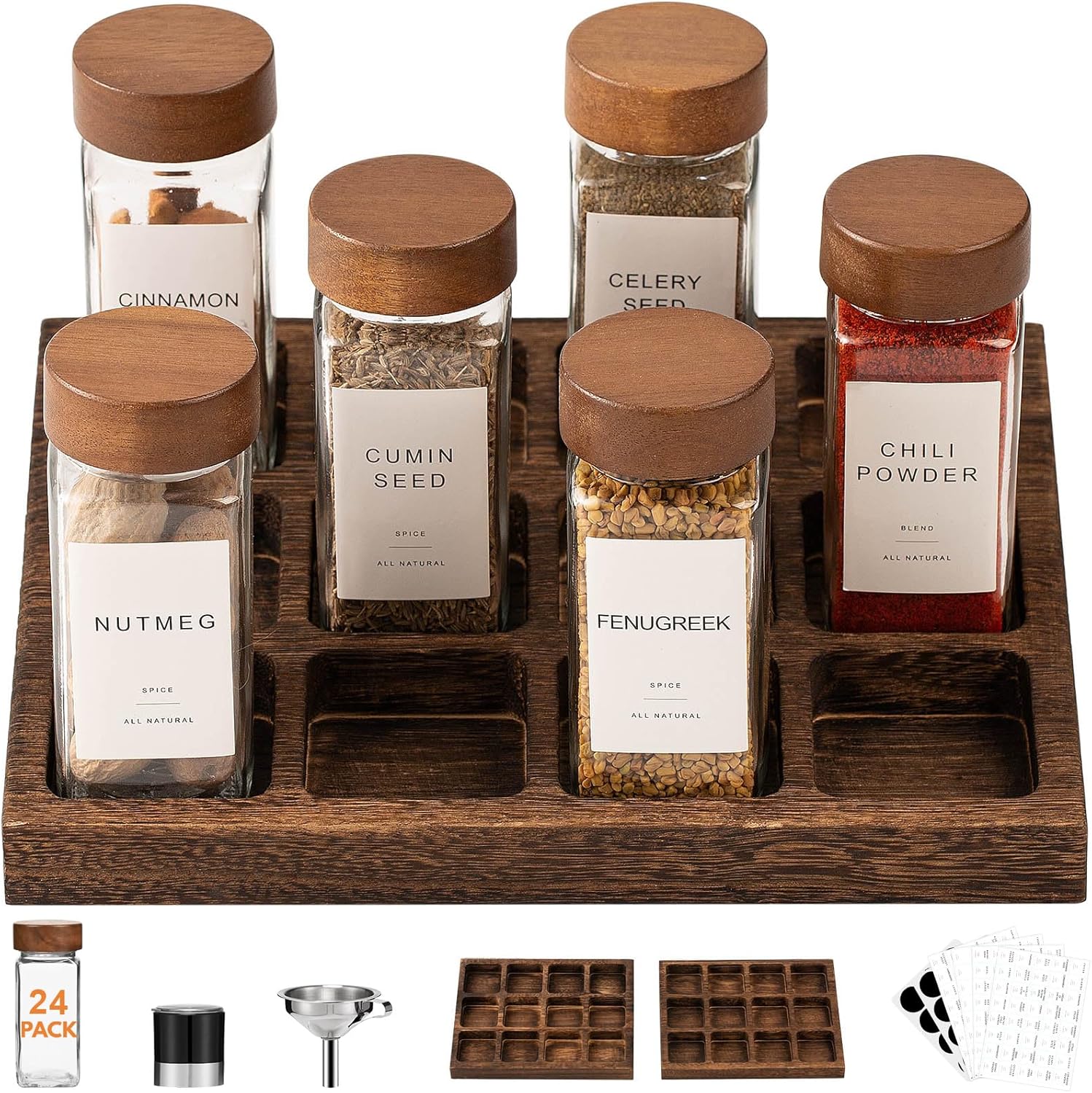 Yangbaga 24Pcs Glass Spice Jars with Labels-4OZ Wood Lid Square Spice Containers with Pepper Grinder Lids &Funnel,Seasoning Jars for Rack Cabinet Drawer