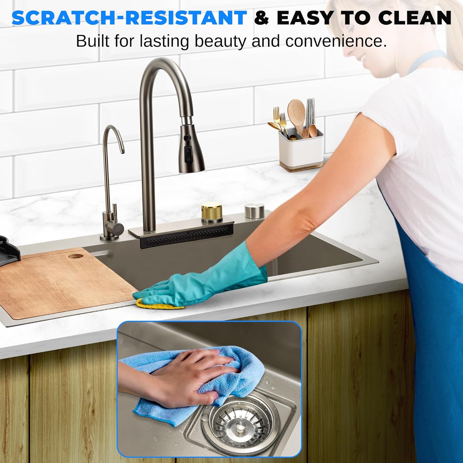 SereneLife Stainless Steel Kitchen Sink | Undermount & Drop-In Installation |13 Gauge & 30"L x 18"W x 9"H IN | Includes Faucet, Drain Rack, Strainer Basket, Cutting Board & Cup Washer | Gray