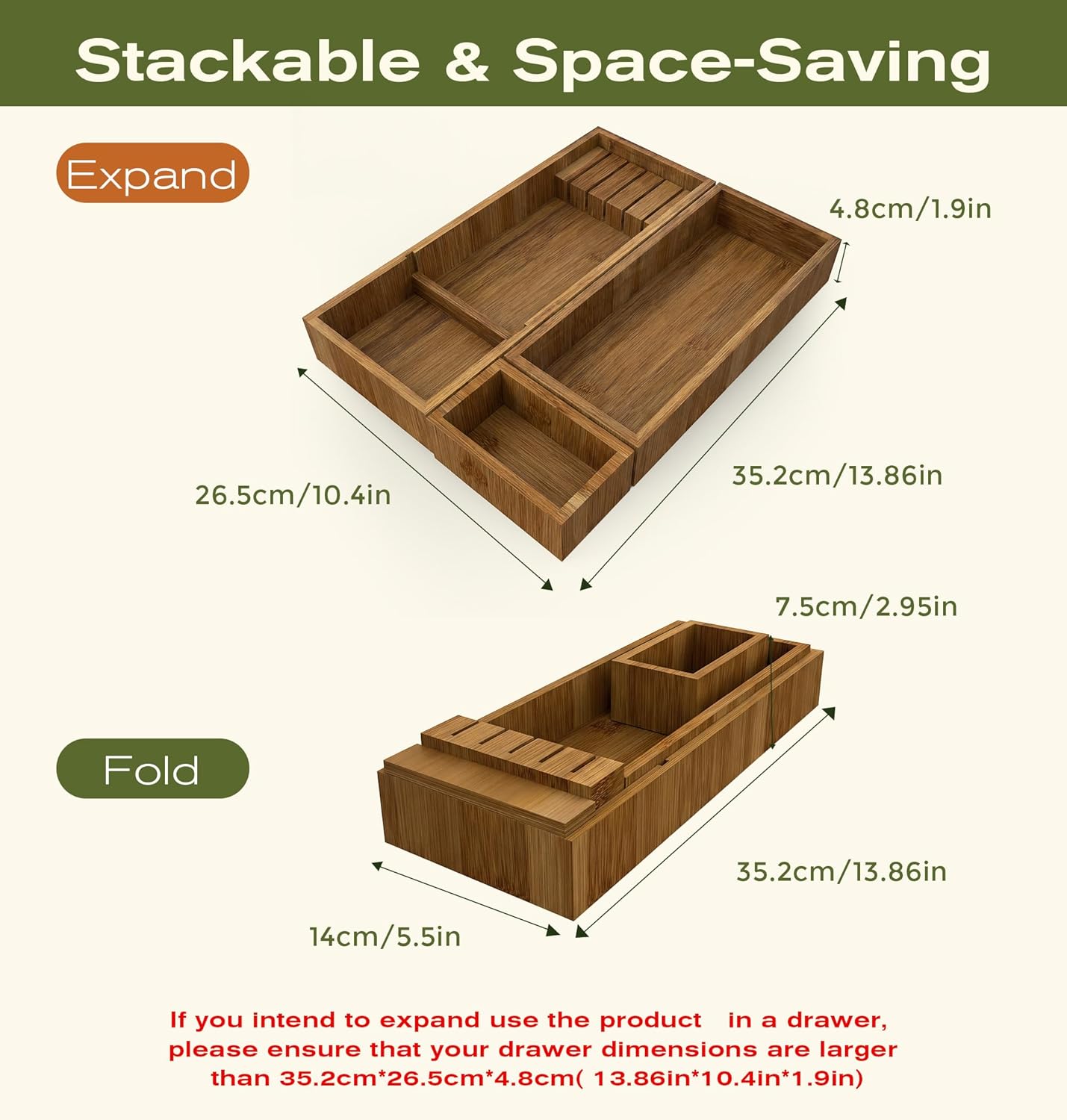 KOCWELL Bamboo Silverware Drawer Organizer with Knife Block, 3 Removable Drawer Organizer Bins - Multi-Use for Kitchen Utensils, Office, Makeup, Tools Storage