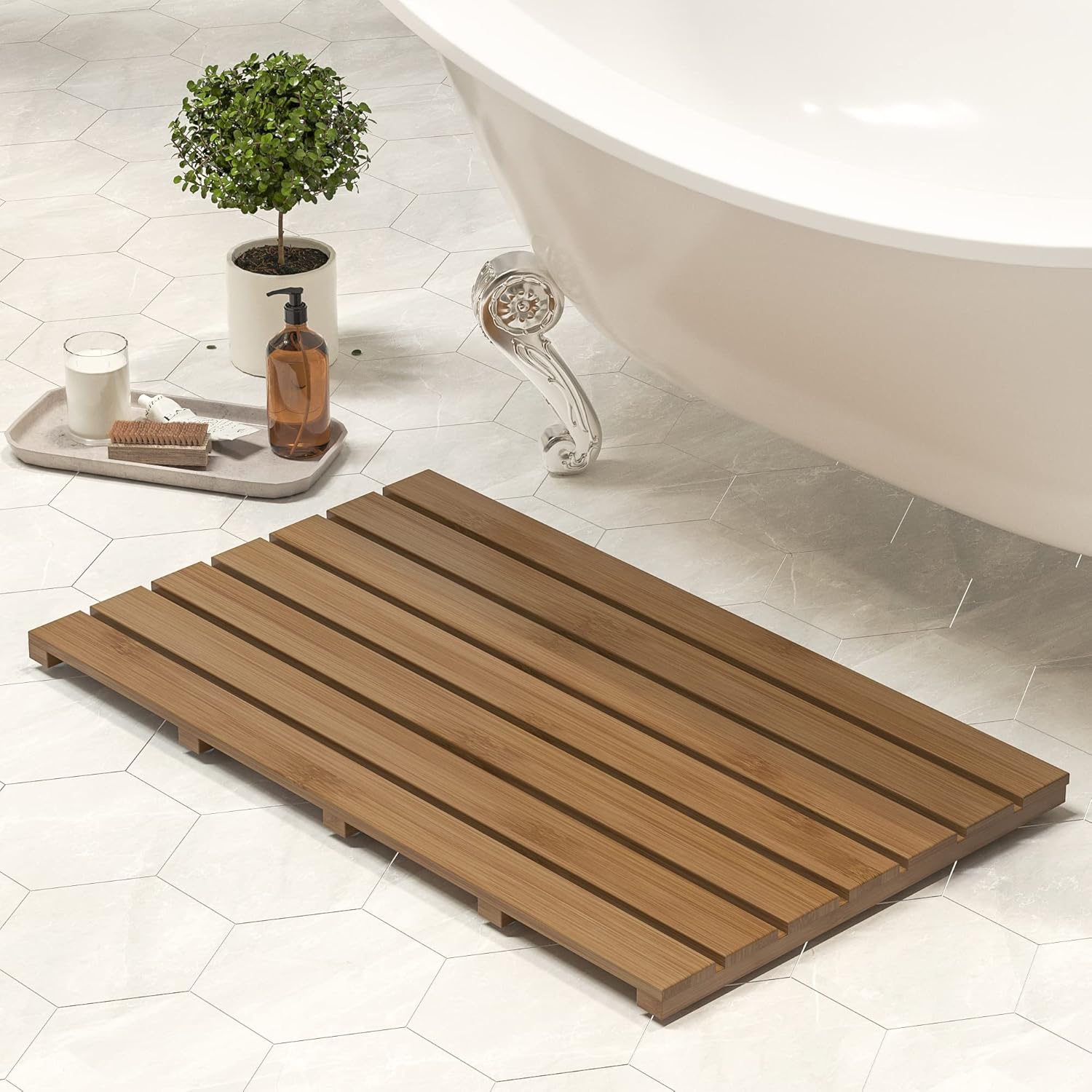 Bath Mat for Luxury Shower - Non-Slip Bamboo Sturdy Water Proof Bathroom Carpet for Indoor or Outdoor Use